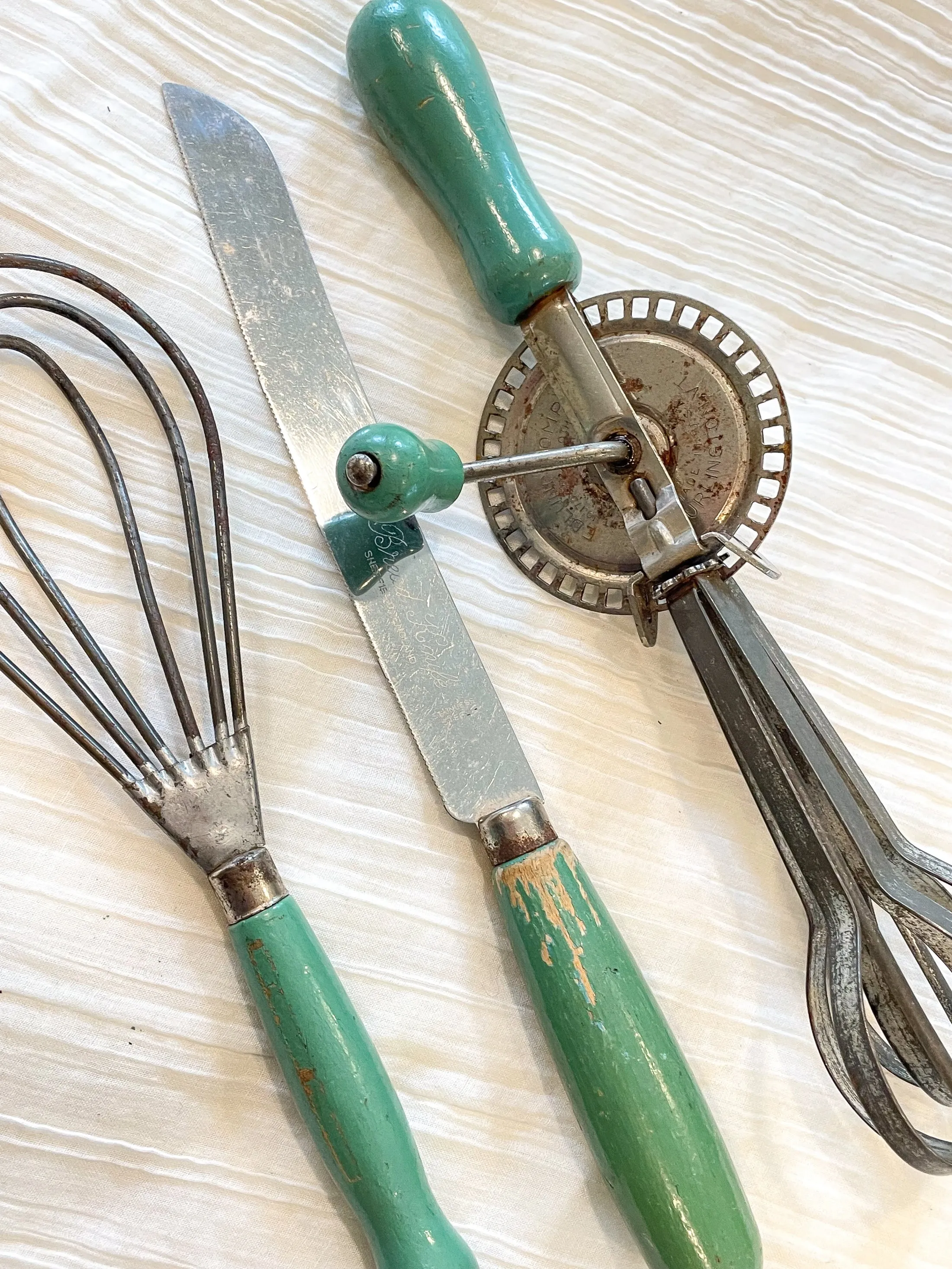 SOLD Vintage Kitchen Gadgets, Green Wood Handles, 3 Piece Set