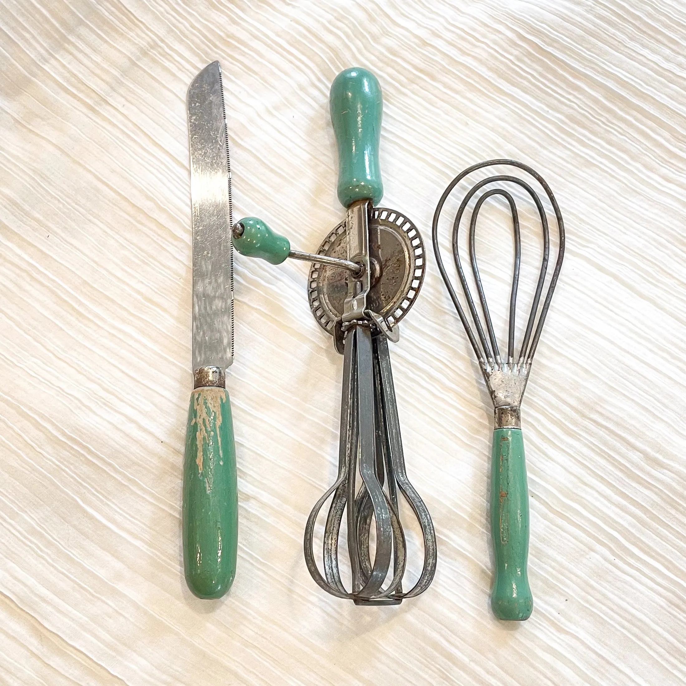 SOLD Vintage Kitchen Gadgets, Green Wood Handles, 3 Piece Set