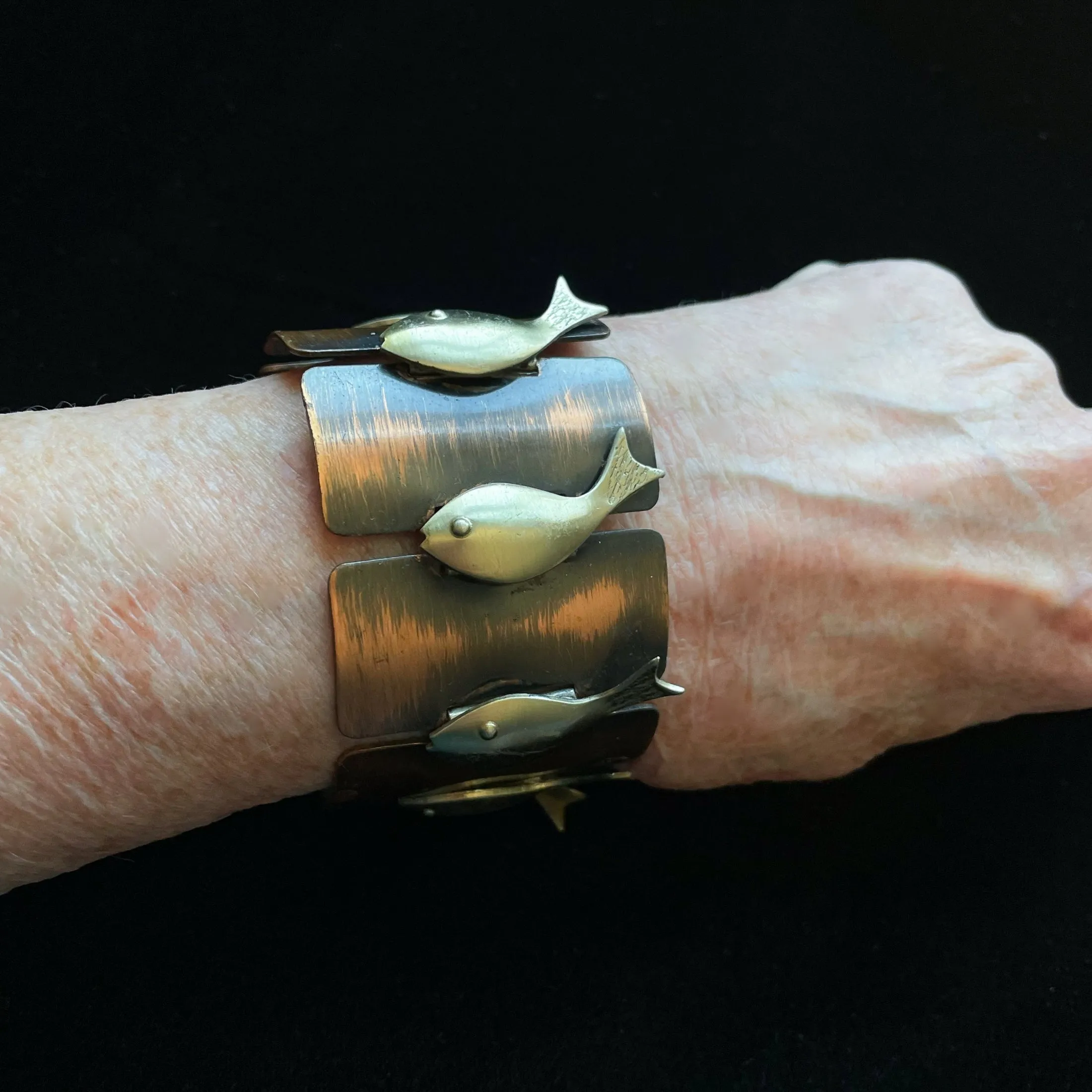 SOLD Vintage Rebajes Fish Copper Silver Plate Modernist MCM Bracelet