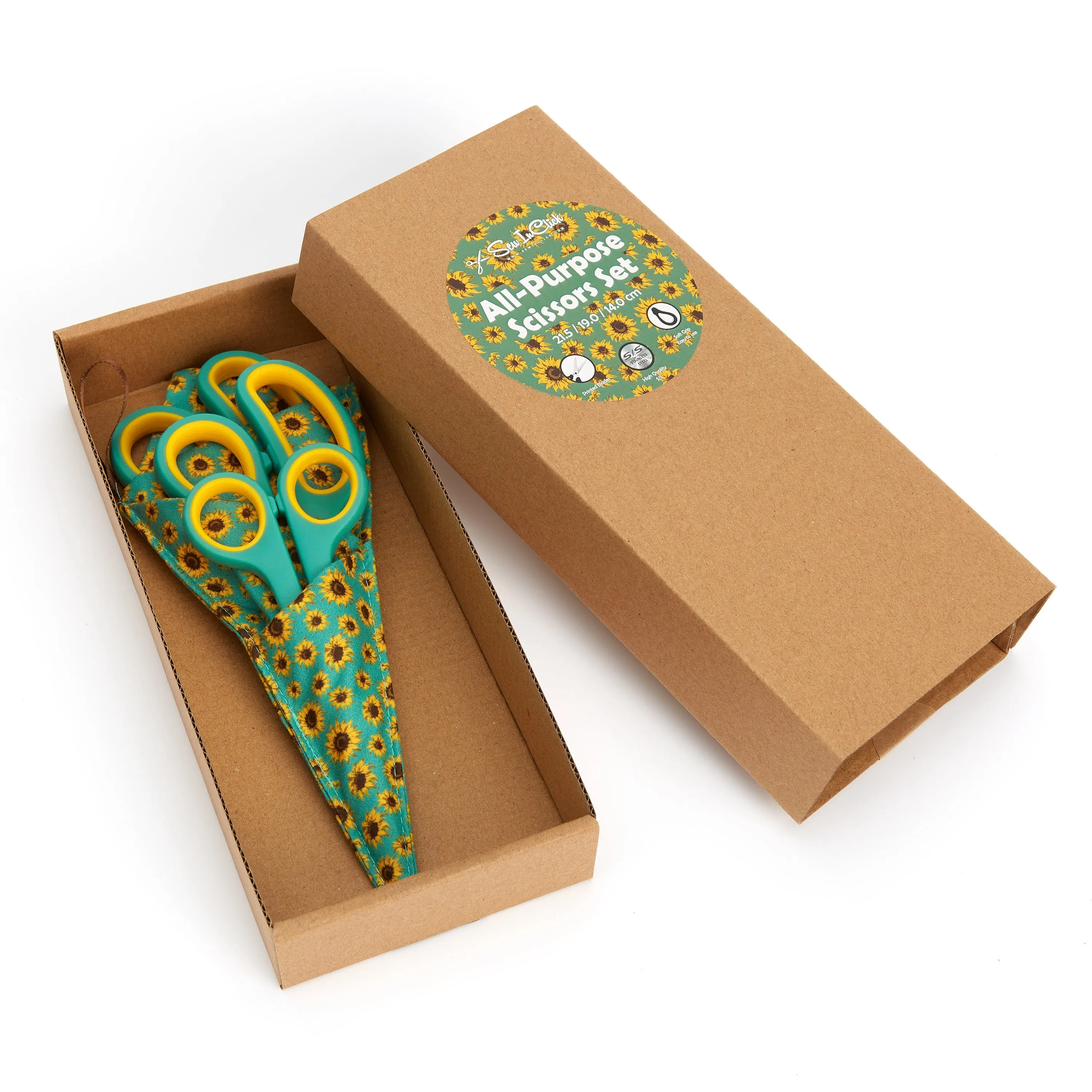 Special Gift Box Soft Grip Sunflowers Scissors Set - 3 Sizes - Handmade Fabric Case - All-Purpose Crafts, Office & School - Stainless Steel