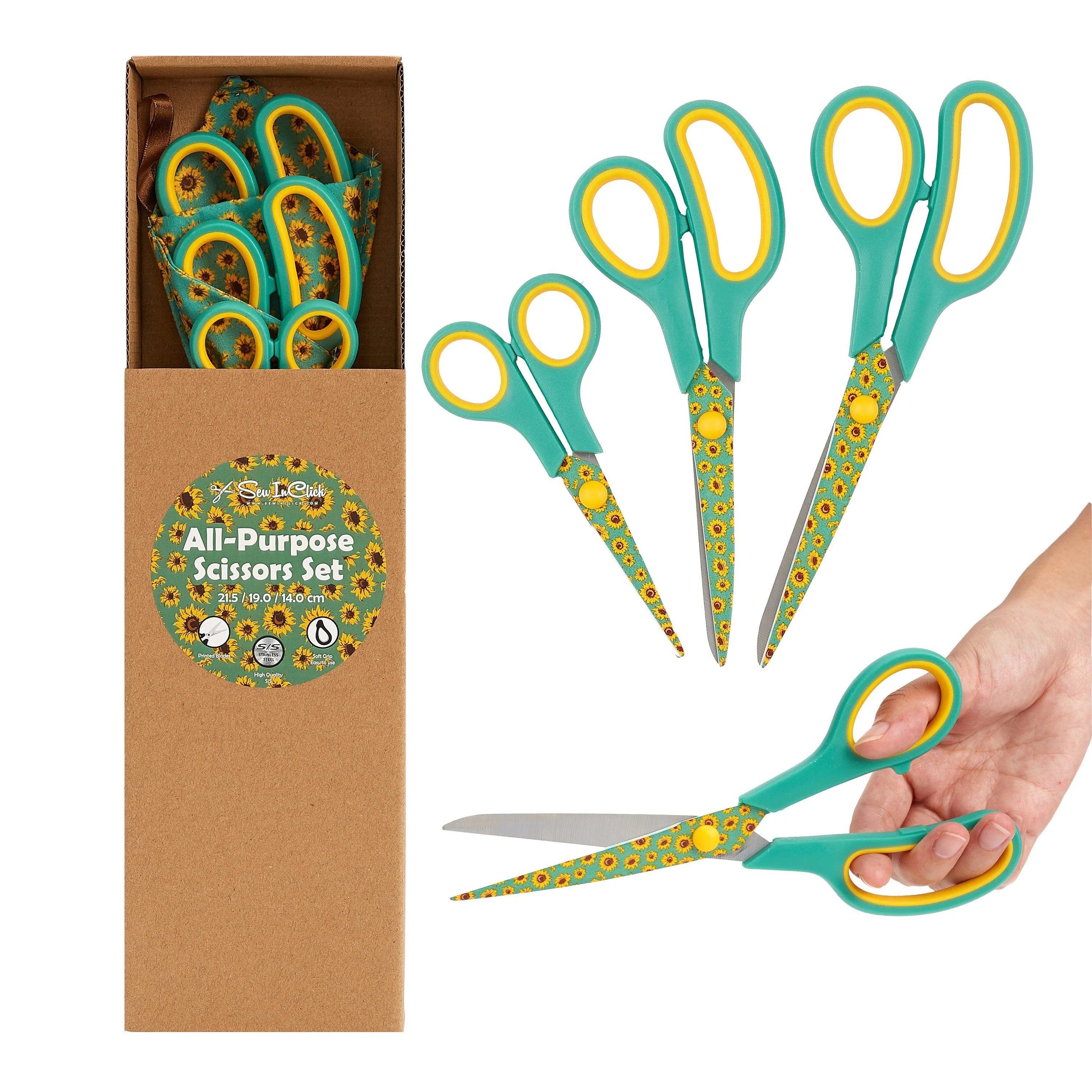 Special Gift Box Soft Grip Sunflowers Scissors Set - 3 Sizes - Handmade Fabric Case - All-Purpose Crafts, Office & School - Stainless Steel