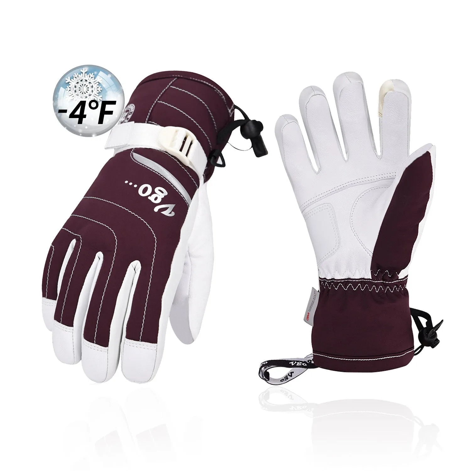 VGO 2 Pairs -20℃/-4℉ or Above 3M Thinsulate G8 Goatskin Leather Skiing Gloves (Purple/Black, SF-GA2444FW)