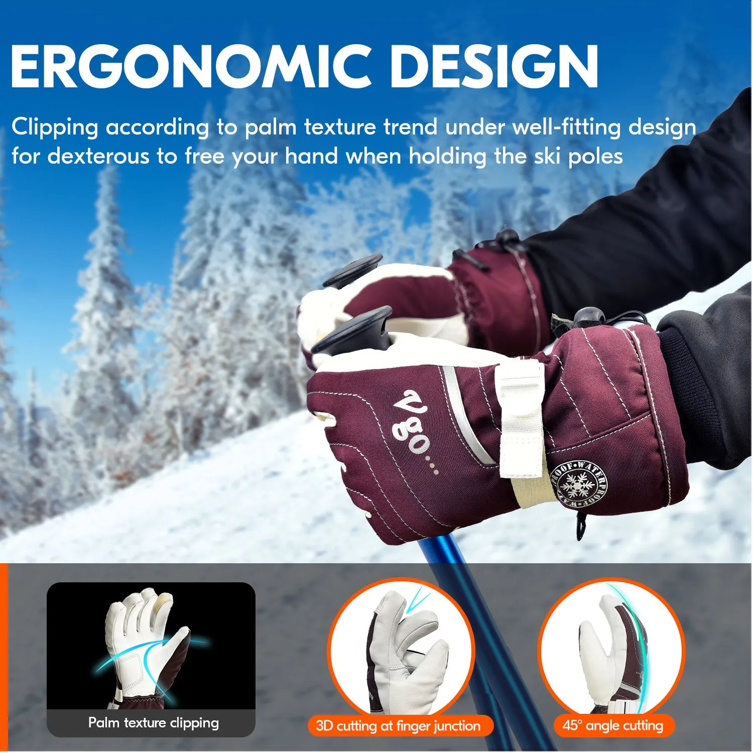 VGO 2 Pairs -20℃/-4℉ or Above 3M Thinsulate G8 Goatskin Leather Skiing Gloves (Purple/Black, SF-GA2444FW)