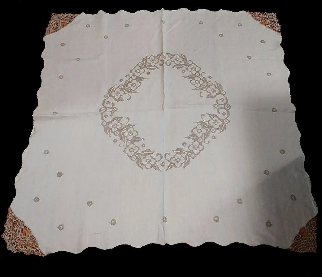 *VINTAGE IVORY LINEN CROSS STITCHED TABLECLOTH WITH HEAVY ECRU LACE