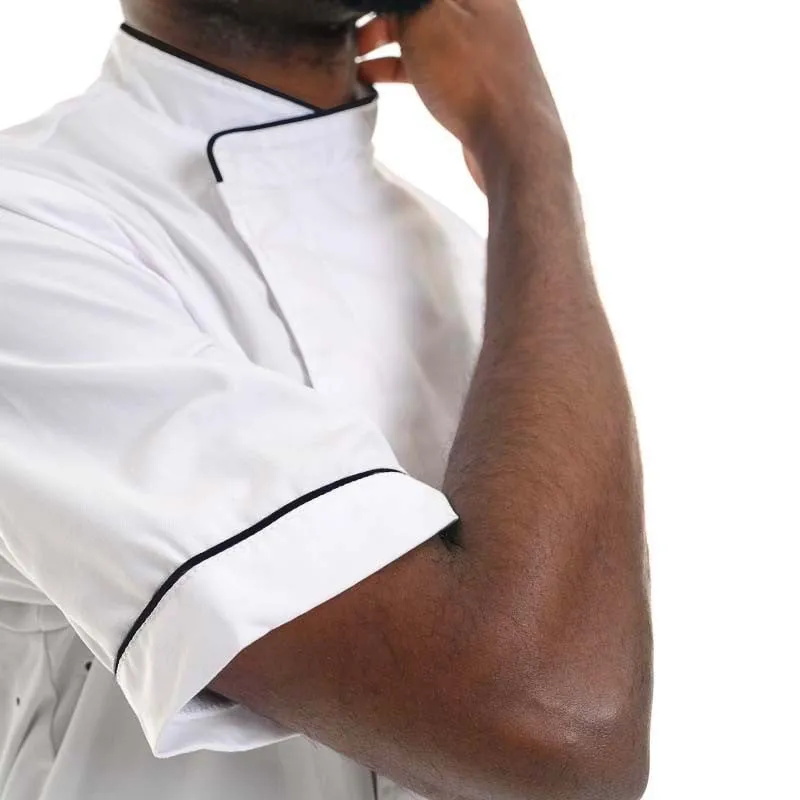 White Chef Coat with Dark Gray Piping Short Sleeve - MANELLI