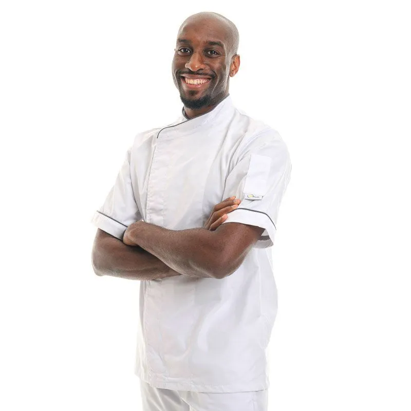 White Chef Coat with Dark Gray Piping Short Sleeve - MANELLI